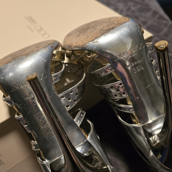 JIMMY CHOO Silver & Gold Metallic Ankle Caged Stilettos - Picture 12 of 14